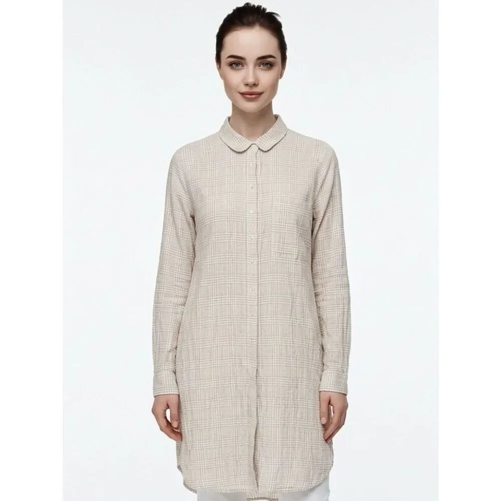 ANTHROPOLOGIE | MAEVE Plaid Tan & White Tunic Length Button Shirt Women’s XS
